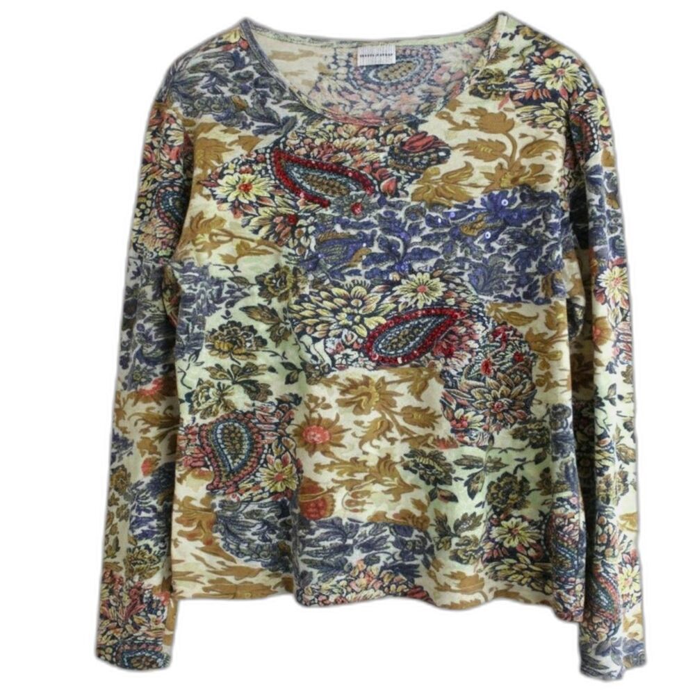 White Stag Paisley Floral Knit Top Women's Cowboy Western Boho Size L